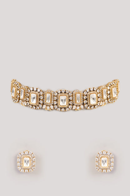 Gold Finish Kundan Polki & Beaded Choker Necklace Set