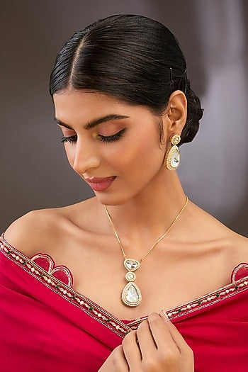 Gold Finish Kundan Polki Long Necklace Set