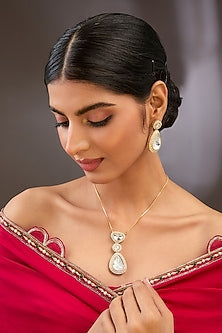 Gold Finish Kundan Polki Long Necklace Set