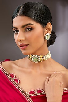 Gold Finish Green Kundan Polki Choker Necklace Set