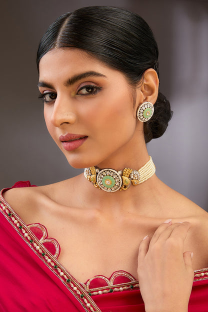 Gold Finish Green Kundan Polki Choker Necklace Set