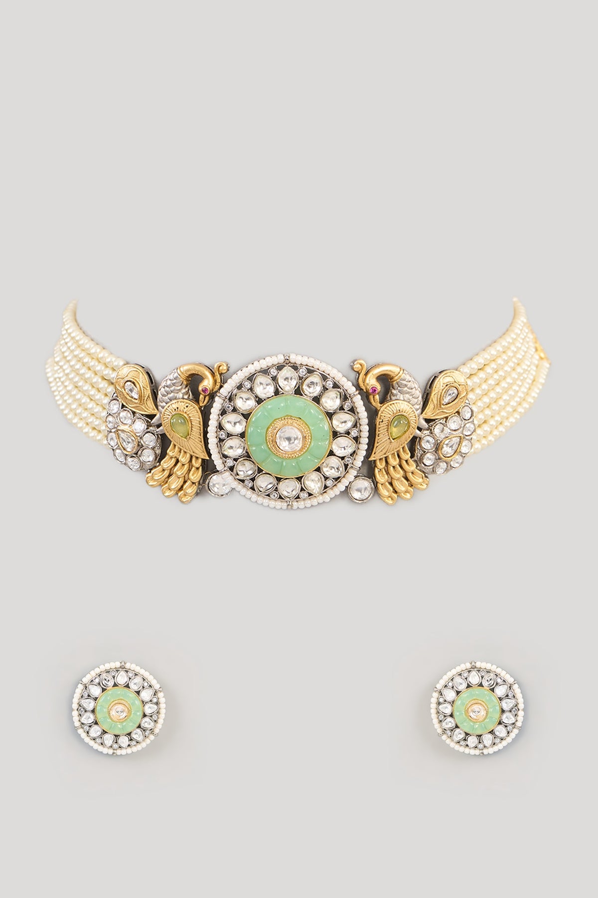 Gold Finish Green Kundan Polki Choker Necklace Set