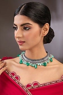 Oxidised Silver Finish Kundan Polki & Green Stone Necklace