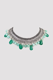 Oxidised Silver Finish Kundan Polki & Green Stone Necklace
