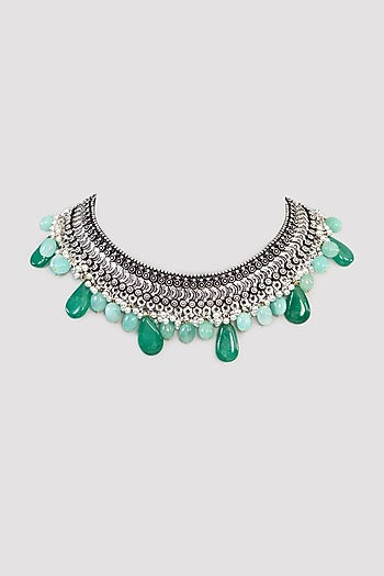 Oxidised Silver Finish Kundan Polki & Green Stone Necklace