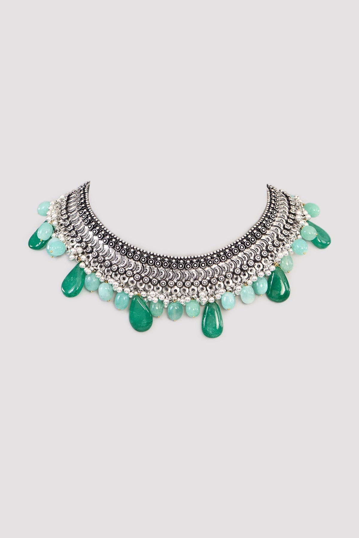Oxidised Silver Finish Kundan Polki & Green Stone Necklace