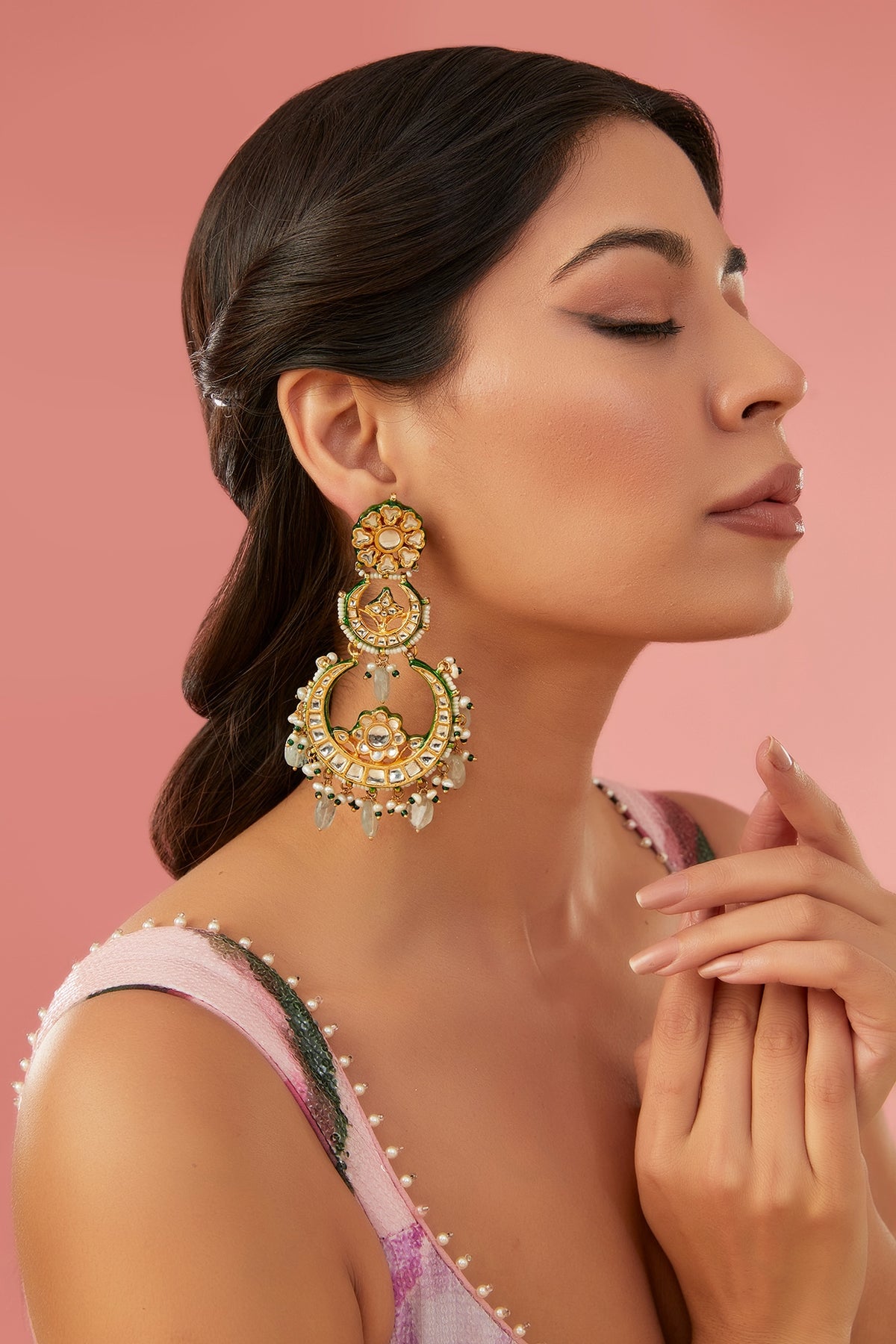 Gold Finish Kundan Polki Chandbali Earrings
