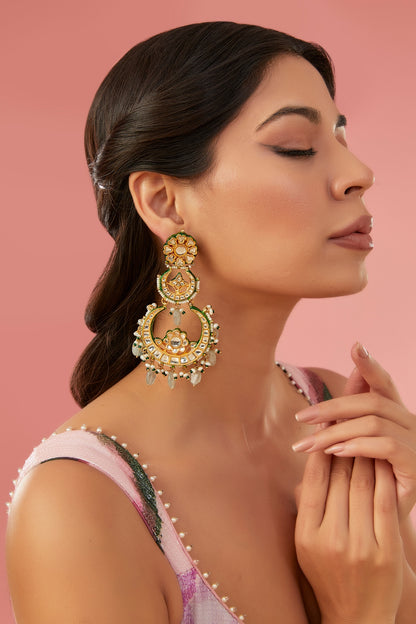Gold Finish Kundan Polki Chandbali Earrings