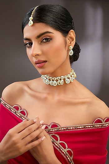 Gold Finish Kundan Polki & Beaded Necklace Set