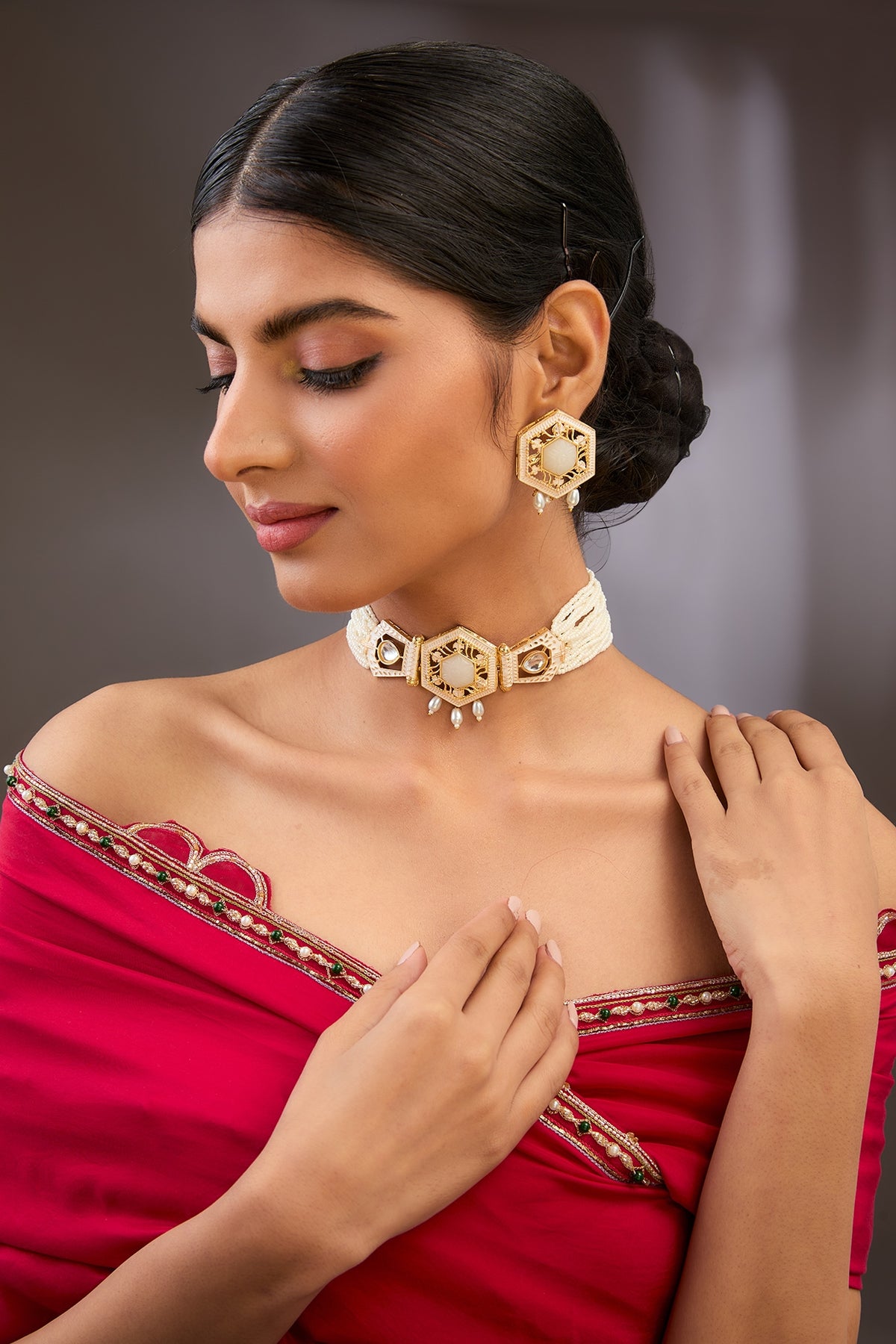 Gold Finish Kundan Polki & Beaded Choker Necklace Set