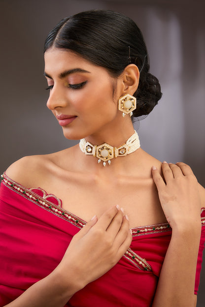Gold Finish Kundan Polki & Beaded Choker Necklace Set