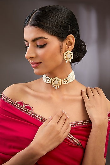 Gold Finish Kundan Polki & Beaded Choker Necklace Set