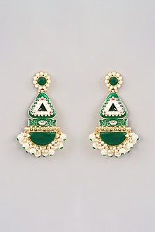 Gold Finish Green Kundan Polki & Beaded Chandbali Earrings