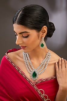 White Rhodium Finish Zircon & Green Stone Long Necklace Set