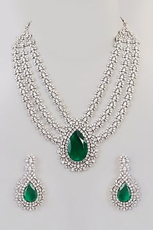 White Rhodium Finish Zircon & Green Stone Long Necklace Set