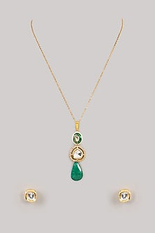 Gold Finish Green Kundan Polki Long Necklace Set
