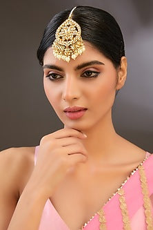 Gold Finish Kundan Polki & Pearl Maang Tikka