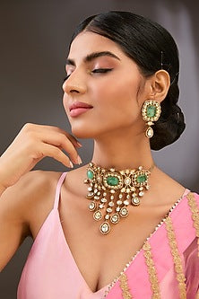 Gold Finish Kundan Polki Choker Necklace Set