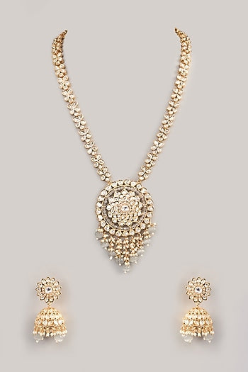 Gold Finish Kundan Polki Long Necklace Set