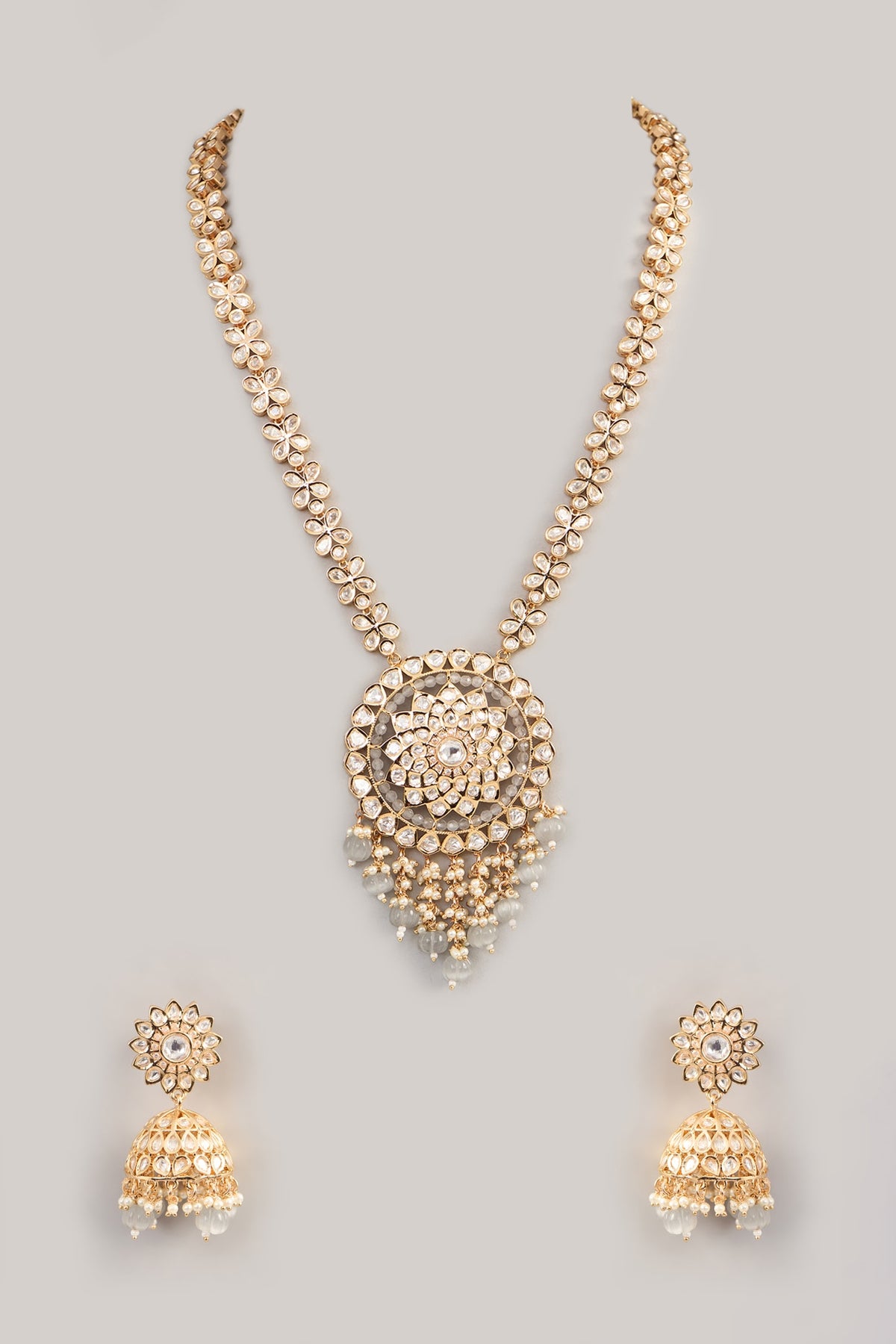 Gold Finish Kundan Polki Long Necklace Set