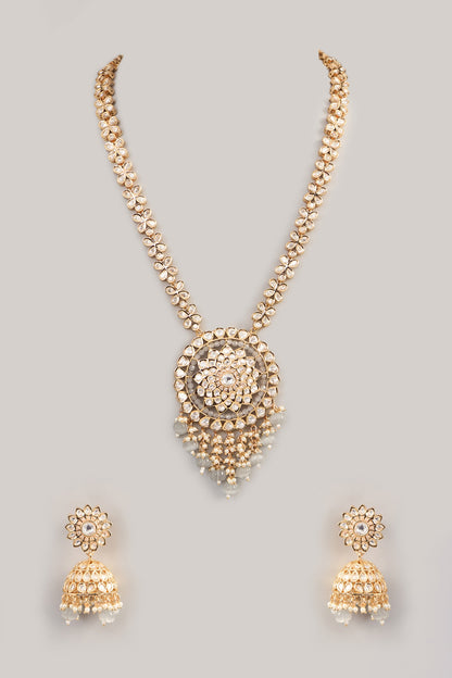 Gold Finish Kundan Polki Long Necklace Set