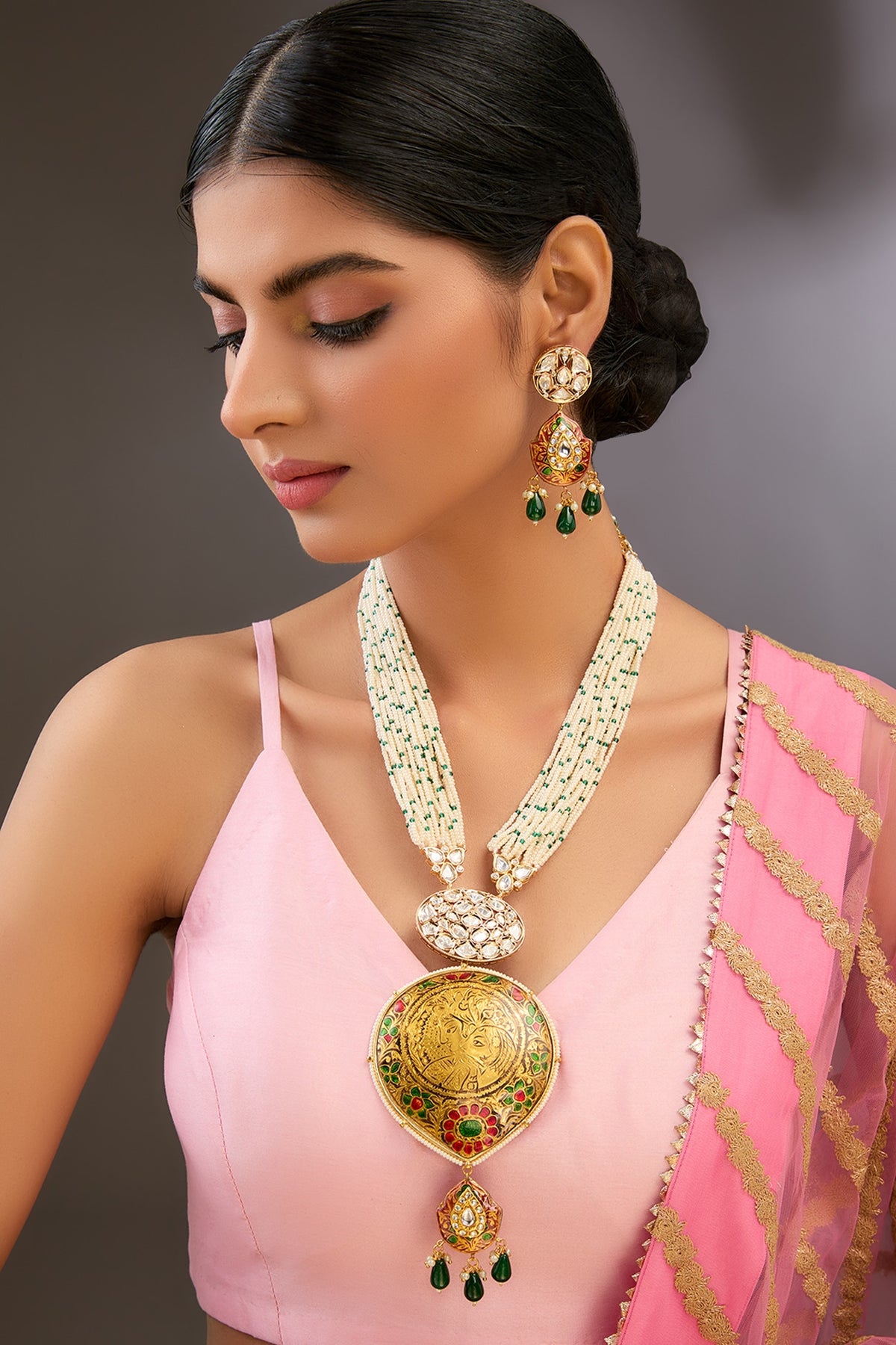 Gold Finish Kundan Polki & Beaded Long Necklace Set
