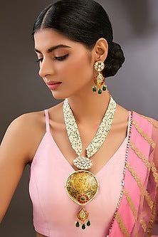 Gold Finish Kundan Polki & Beaded Long Necklace Set