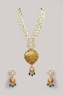 Gold Finish Kundan Polki & Beaded Long Necklace Set