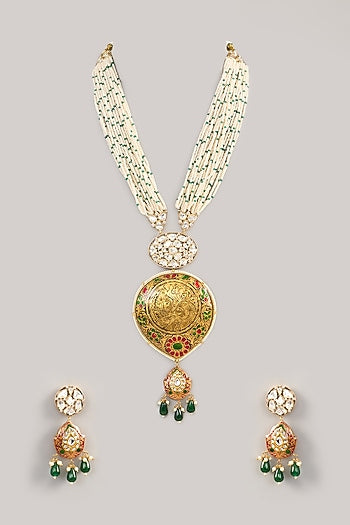 Gold Finish Kundan Polki & Beaded Long Necklace Set
