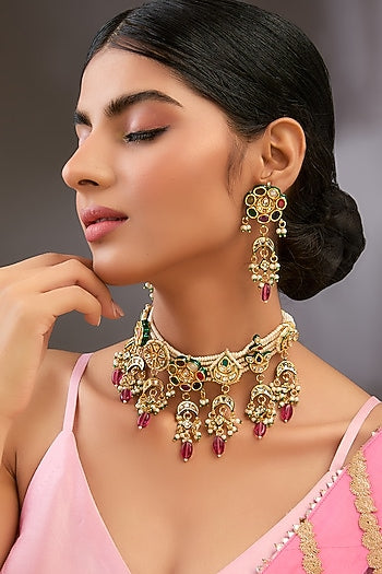 Gold Finish Kundan Polki & Beaded Choker Necklace Set