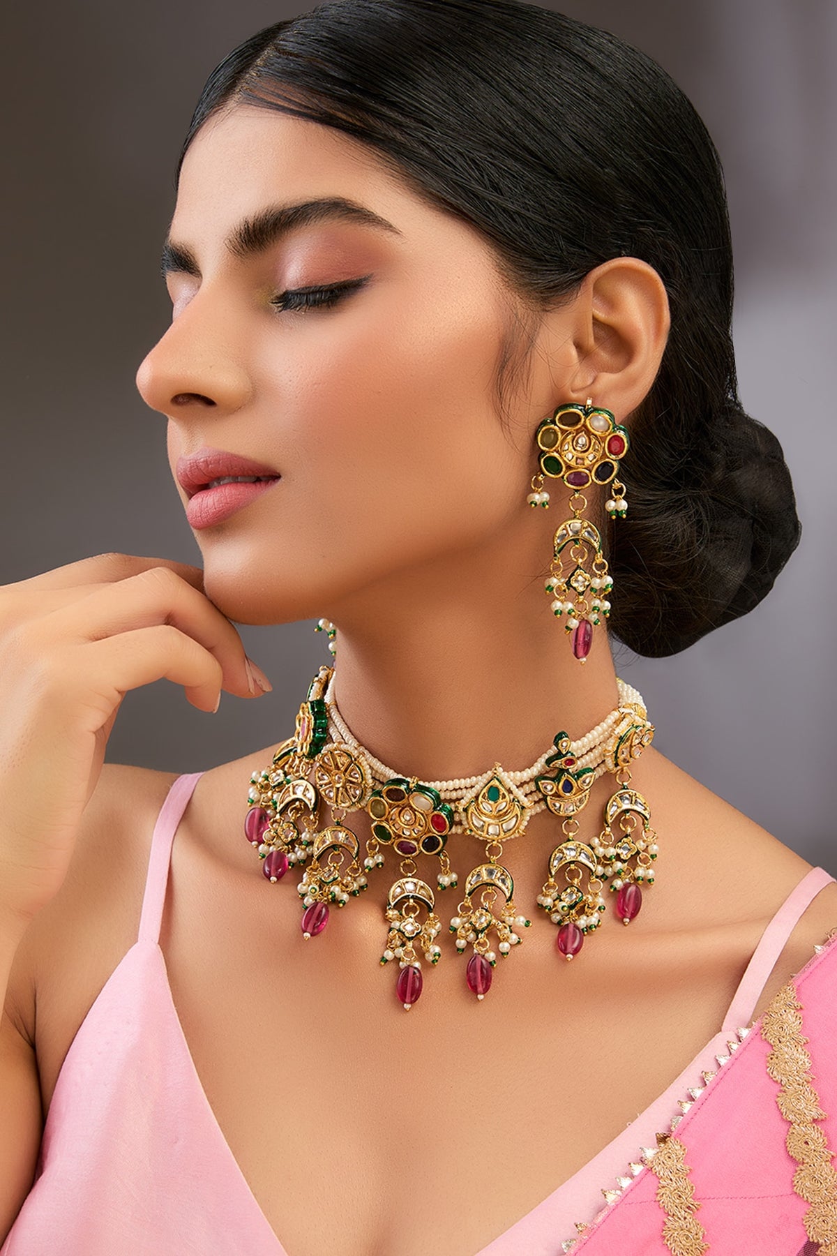 Gold Finish Kundan Polki & Beaded Choker Necklace Set