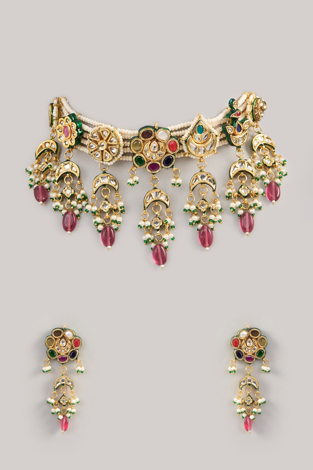 Gold Finish Kundan Polki & Beaded Choker Necklace Set