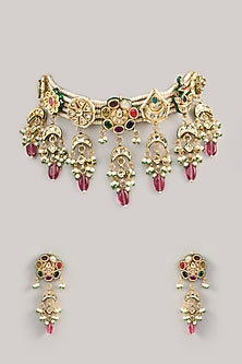 Gold Finish Kundan Polki & Beaded Choker Necklace Set
