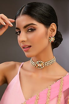 Gold Finish Kundan Polki & Navratna Stone Choker Necklace Set