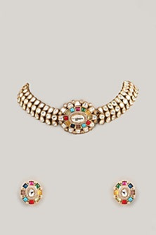 Gold Finish Kundan Polki & Navratna Stone Choker Necklace Set