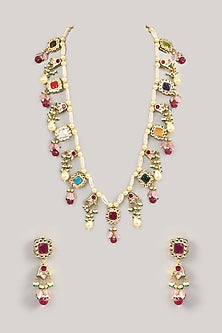 Gold Finish Kundan Polki & Navratna Stone Long Necklace Set