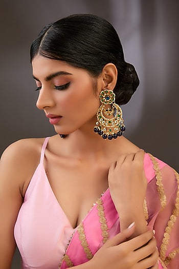 Gold Finish Kundan Polki & Pearl Chandbaali Earrings