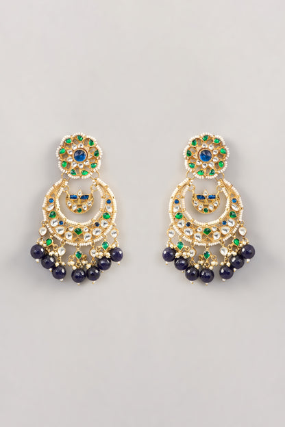 Gold Finish Kundan Polki & Pearl Chandbaali Earrings