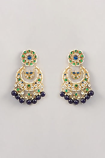 Gold Finish Kundan Polki & Pearl Chandbaali Earrings
