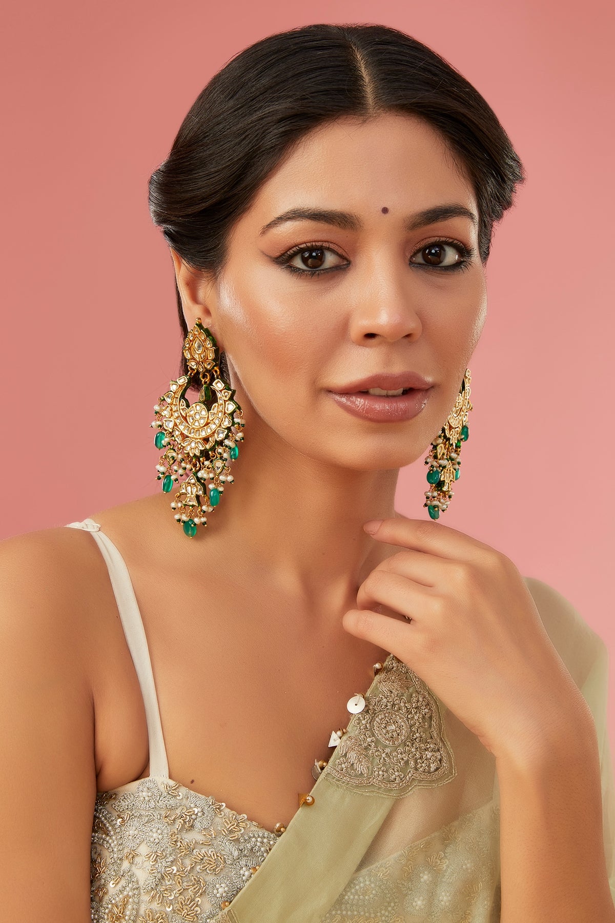 Gold Finish Kundan Polki Chandbaali Earrings
