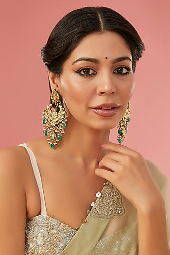 Gold Finish Kundan Polki Chandbaali Earrings
