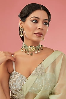 Gold Finish Kundan Polki & Beaded Choker Necklace Set