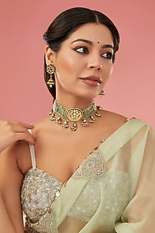 Gold Finish Kundan Polki & Beaded Choker Necklace Set