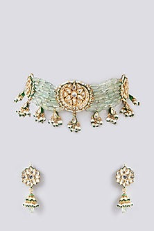 Gold Finish Kundan Polki & Beaded Choker Necklace Set