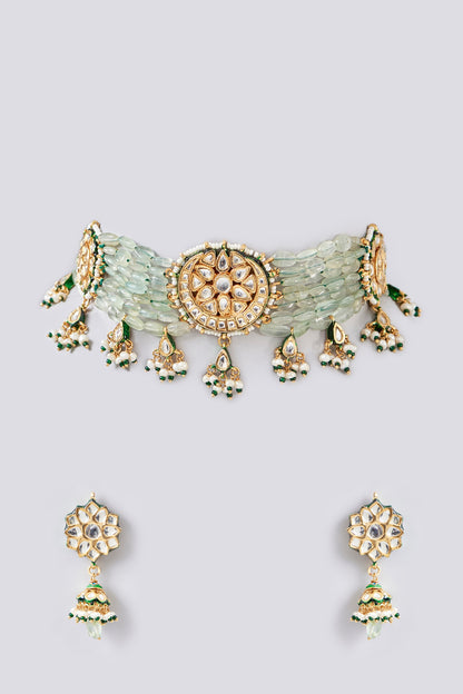 Gold Finish Kundan Polki & Beaded Choker Necklace Set