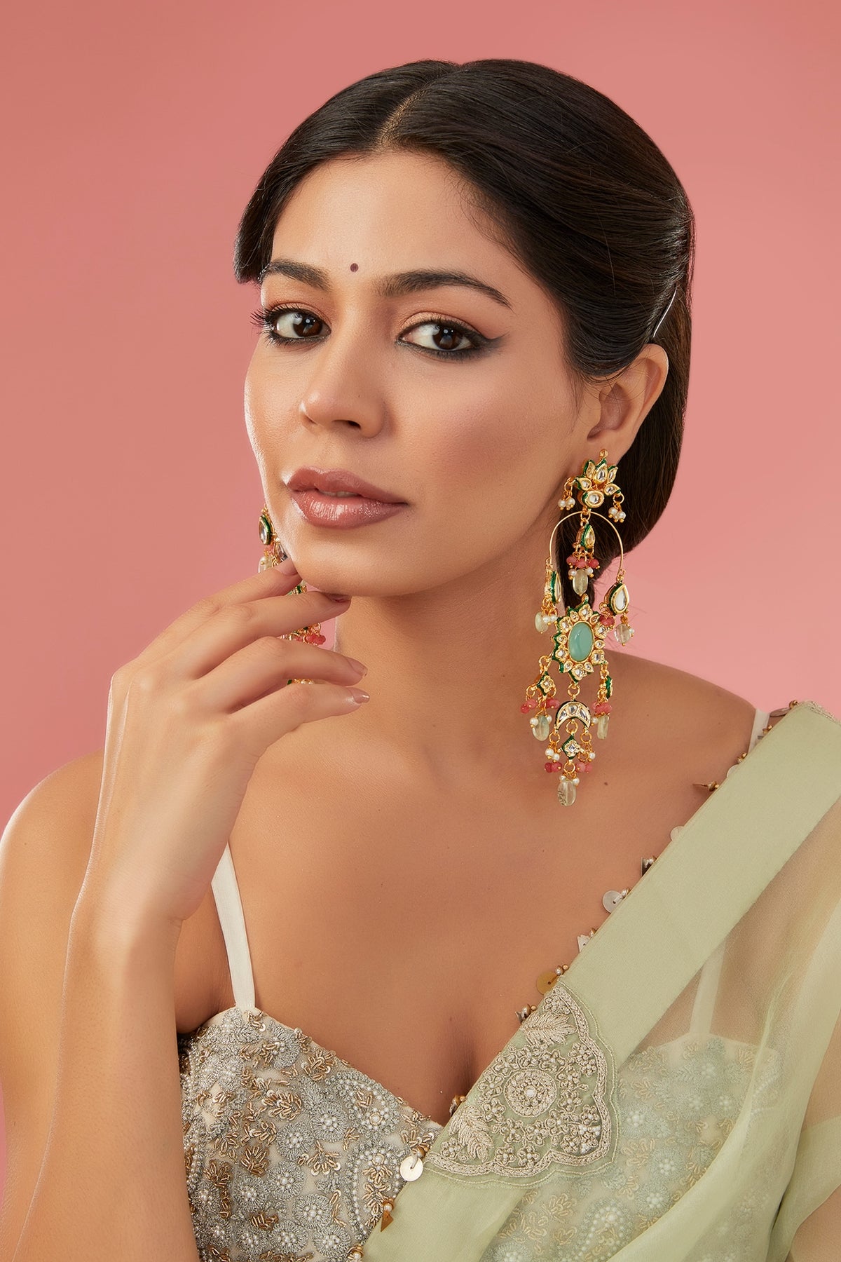 Gold Finish Kundan Polki Chandbaali Earrings
