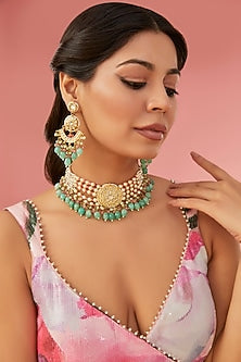Gold Finish Kundan Polki & Beaded Choker Necklace Set