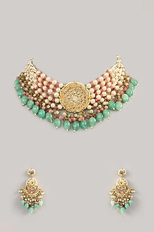 Gold Finish Kundan Polki & Beaded Choker Necklace Set