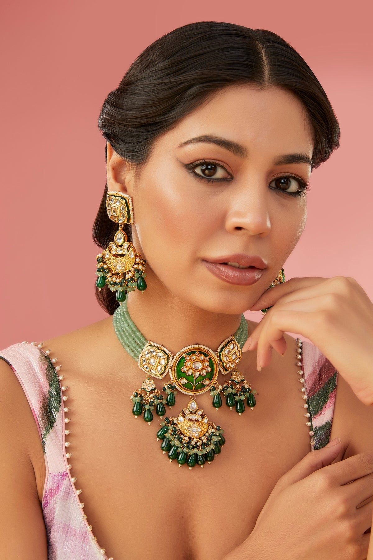 Gold Finish Kundan Polki Necklace Set