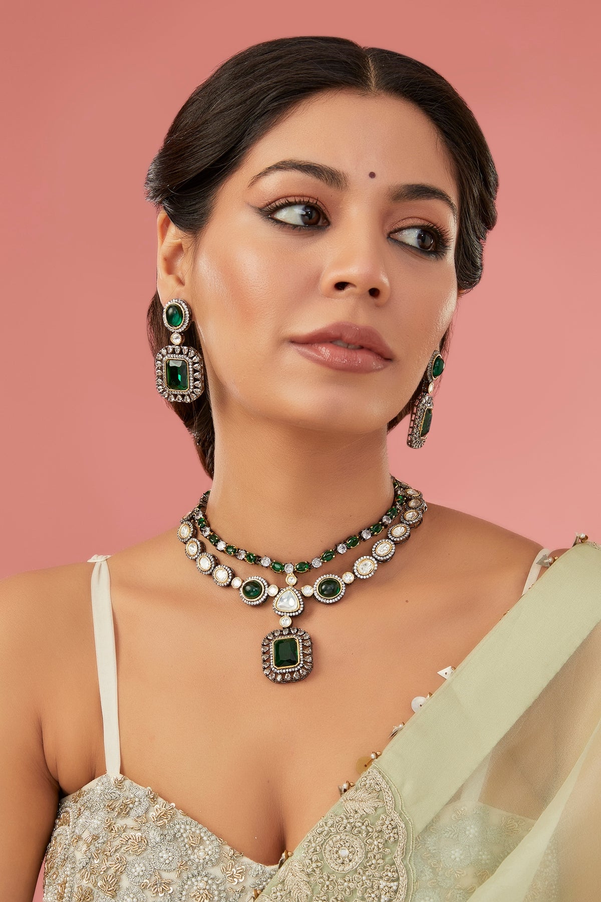 White Finish Green American Diamond Necklace Set